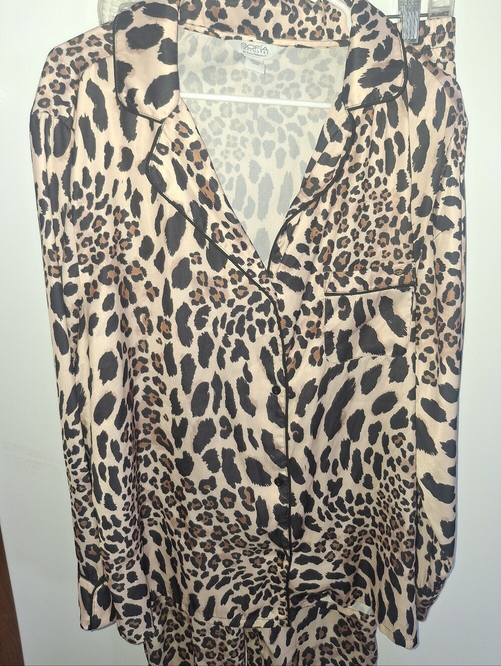 Leopard Print Satin Button-Down Shirt With Matching PJ Bottoms - Beige/Black
